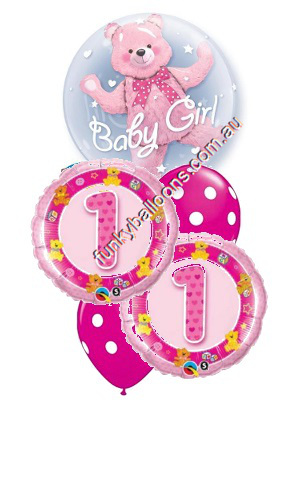 (image for) 1st Birthday Girl Bear Double Bubble Bouquet - Click Image to Close